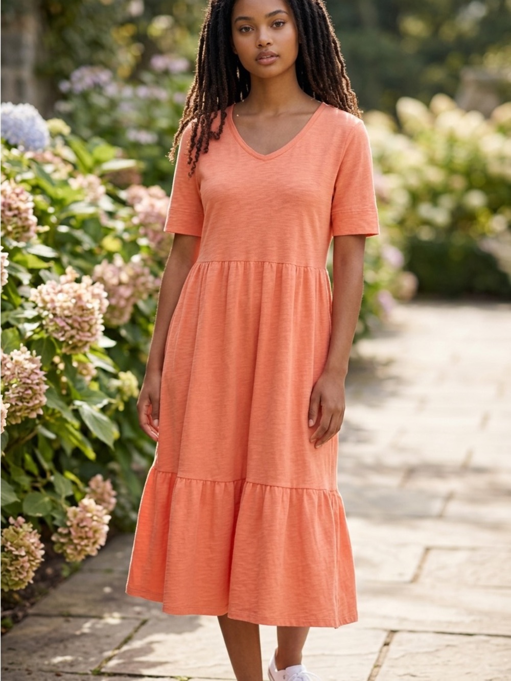 Westbound Coral Tiered Midi Dress Womens Small Modal Cotton V Neck Casual Summer